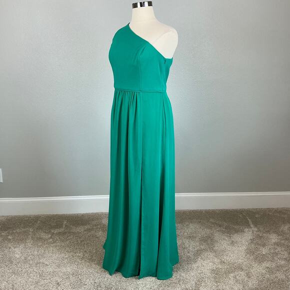 Adrianna Papell One Shoulder Evening Gown Size 16 Green Chiffon Thigh Slit Dress - Picture 2 of 13